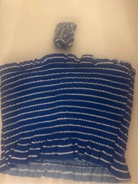 Xhilaration Blue and White Striped Bandeau Top with Scrunchie